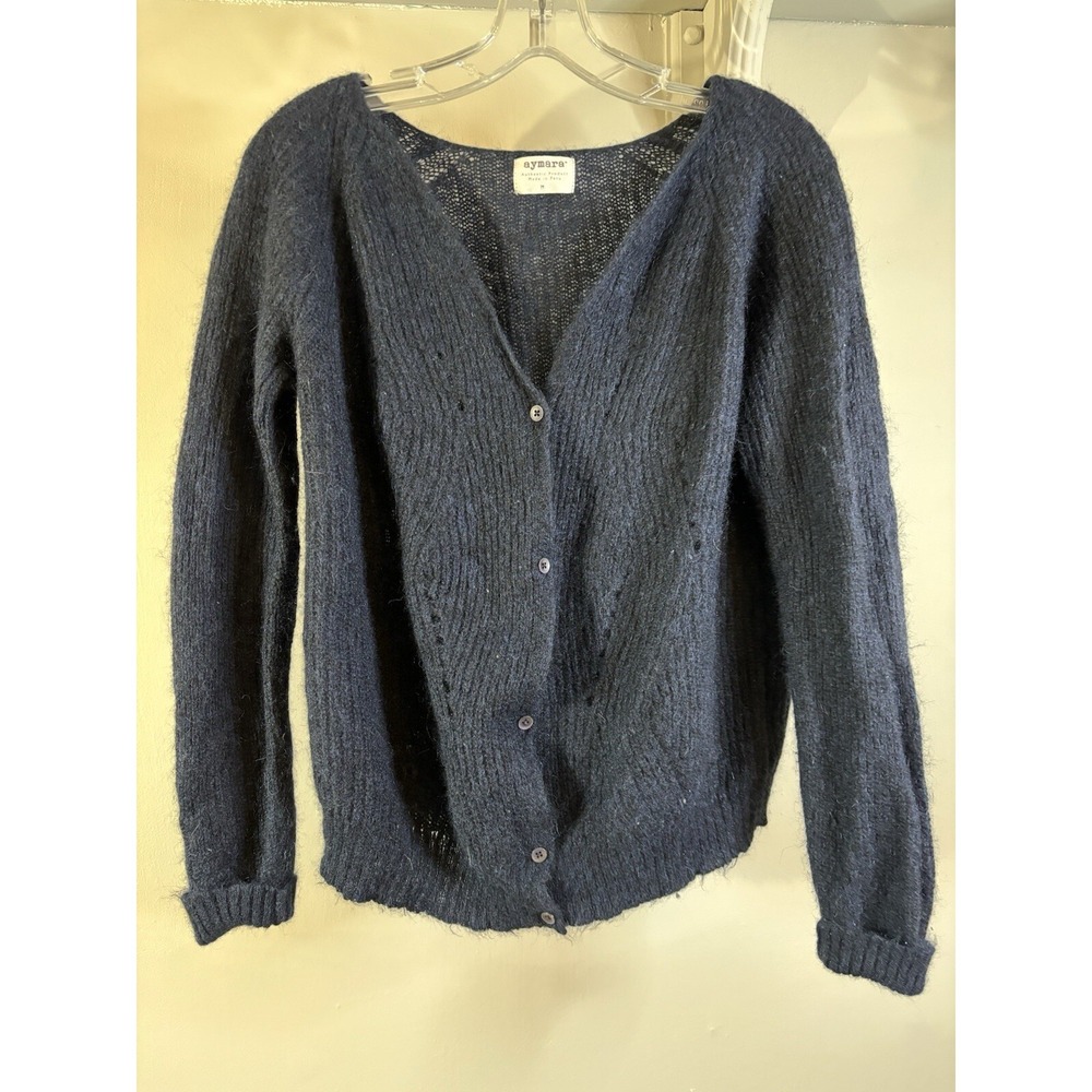 AYMARA Navy Blue Baby Alpaca Blend V Neck Cardigan Sweater M